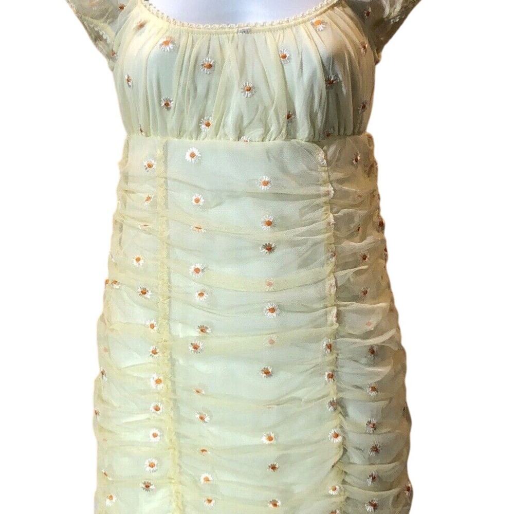 Yellow Daisy Ruched Mesh Mini Dress Small NEW Coquette Cottagecore Y2K FairyCore - Picture 2 of 12